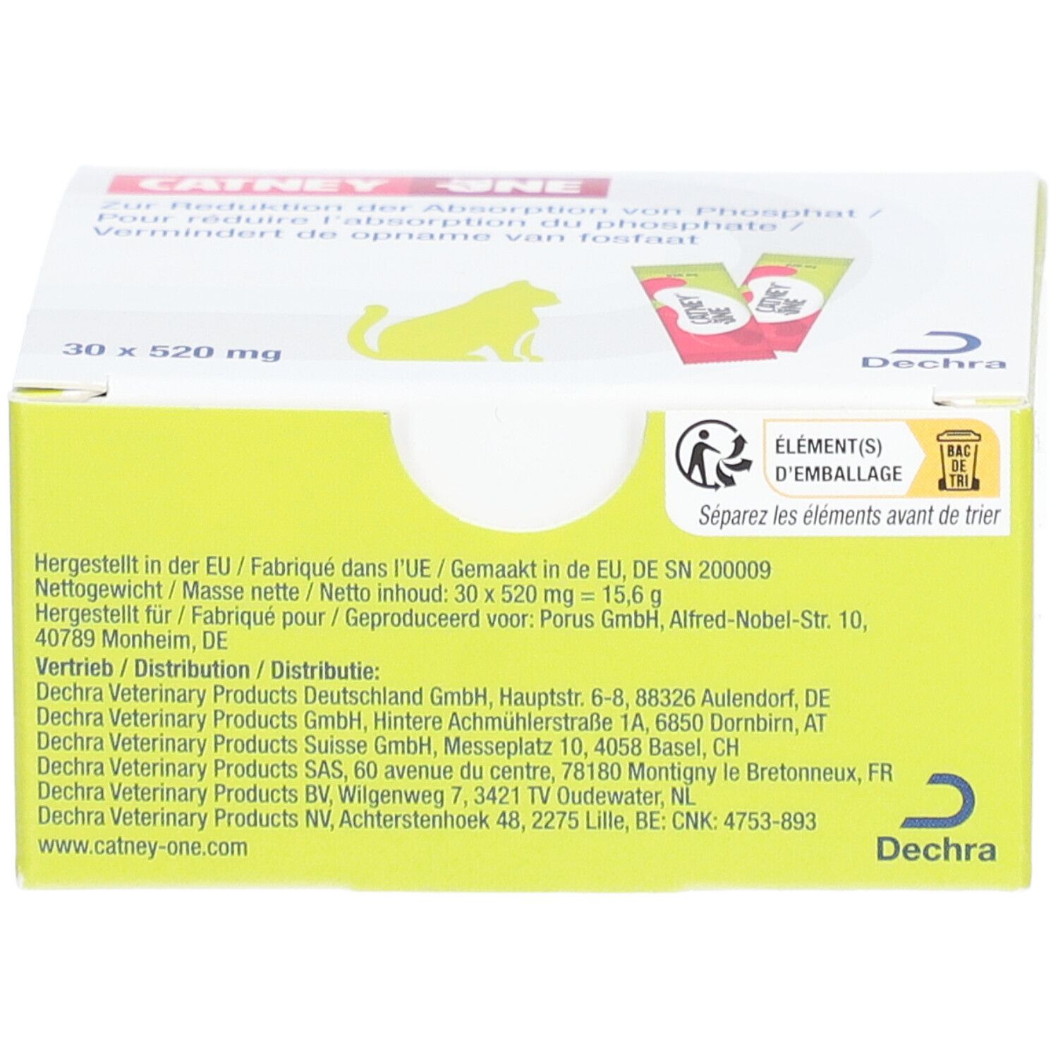 Boîte jaune avec logo "Catney One" et texte. Contient 30 sachets. Logo Dechra.