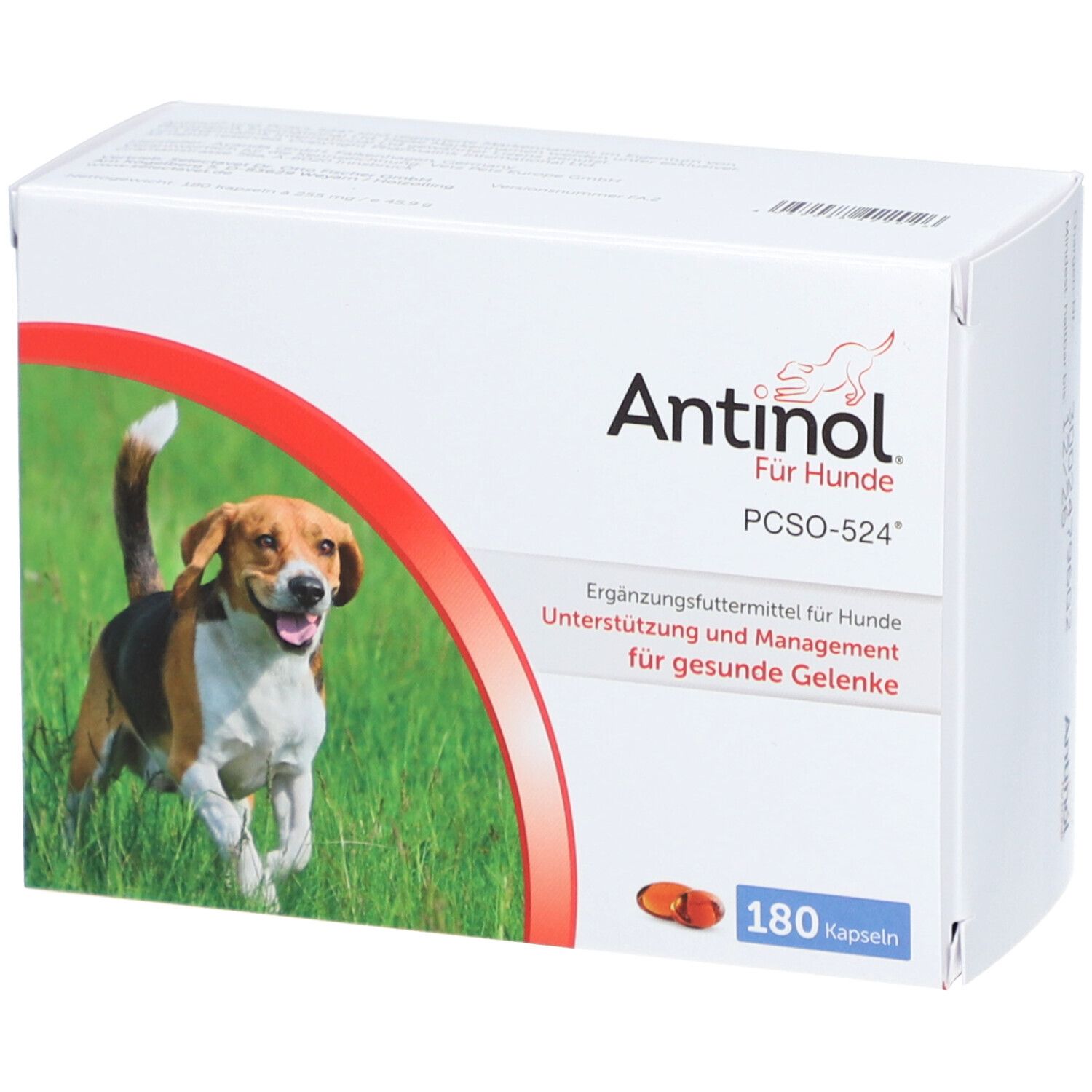 Weißer Karton mit "Antinol Für Hunde"-Logo. Abgebildet ist ein Hund, daneben 180 Kapseln. Text: Ergänzungsfuttermittel für Hunde.