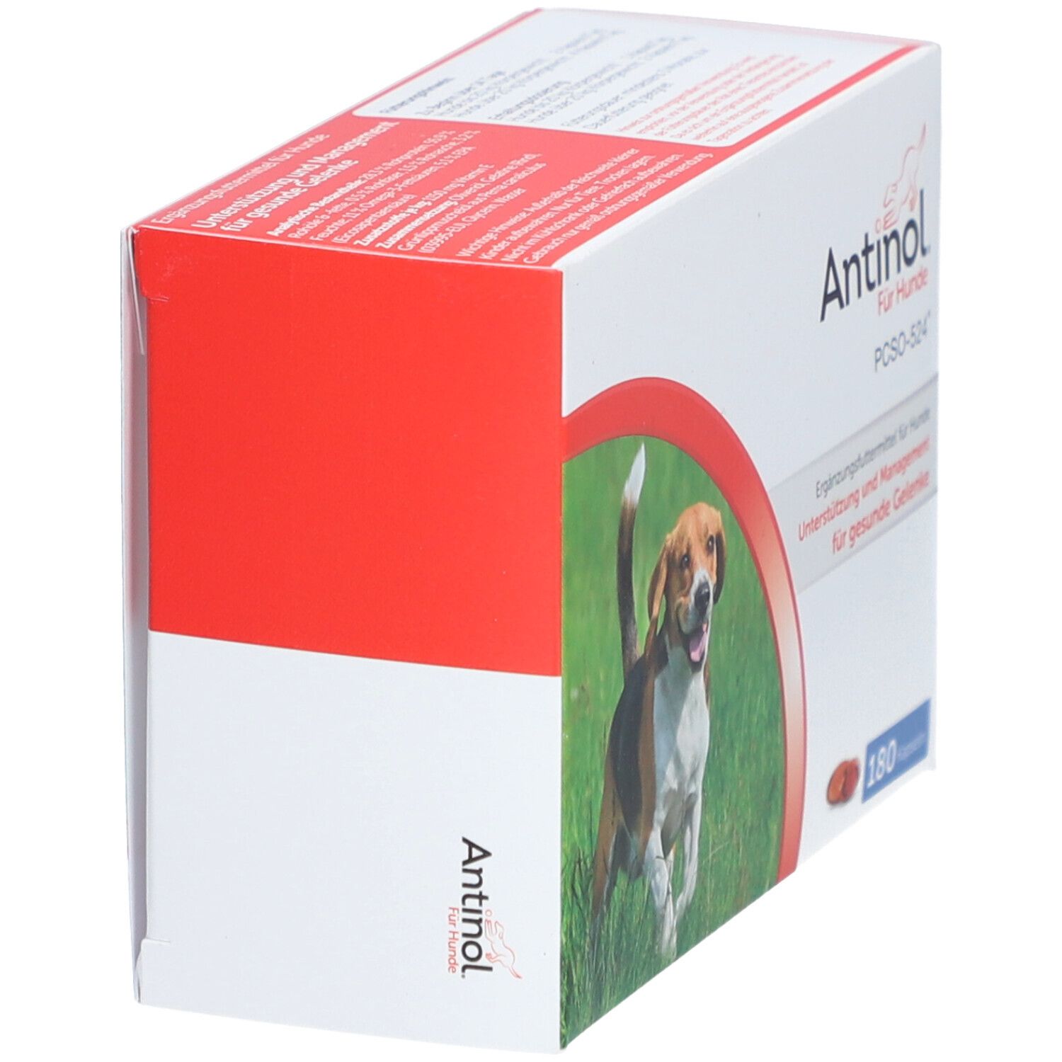 Schräg stehende weiße Box mit "Antinol Für Hunde"-Logo. Roter Streifen an der Seite. Abgebildet ist ein Hund. 180 Kapseln.