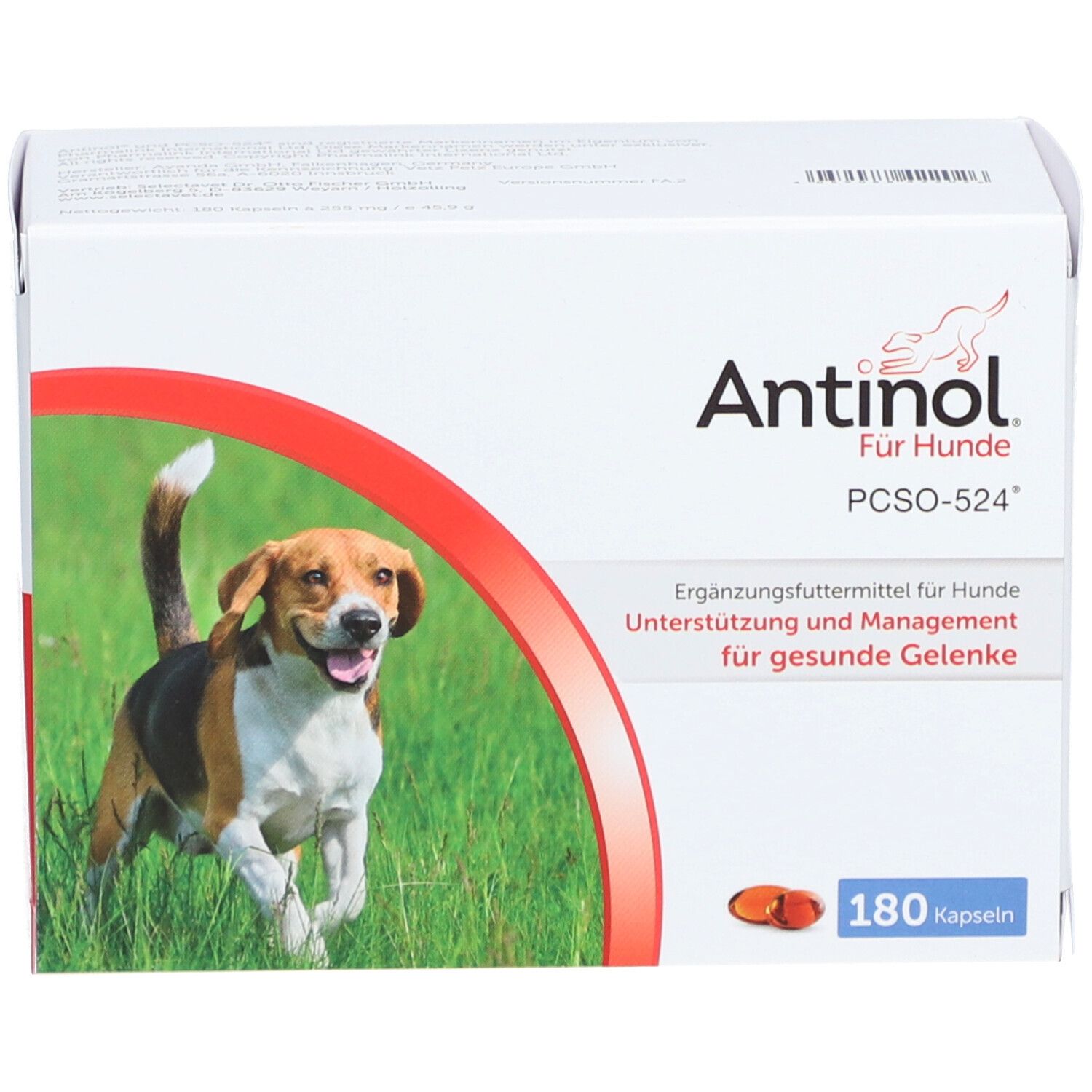 Weiße Box mit "Antinol Für Hunde"-Logo. Abgebildet ist ein Hund, daneben 180 Kapseln. Text: Ergänzungsfuttermittel für Hunde.