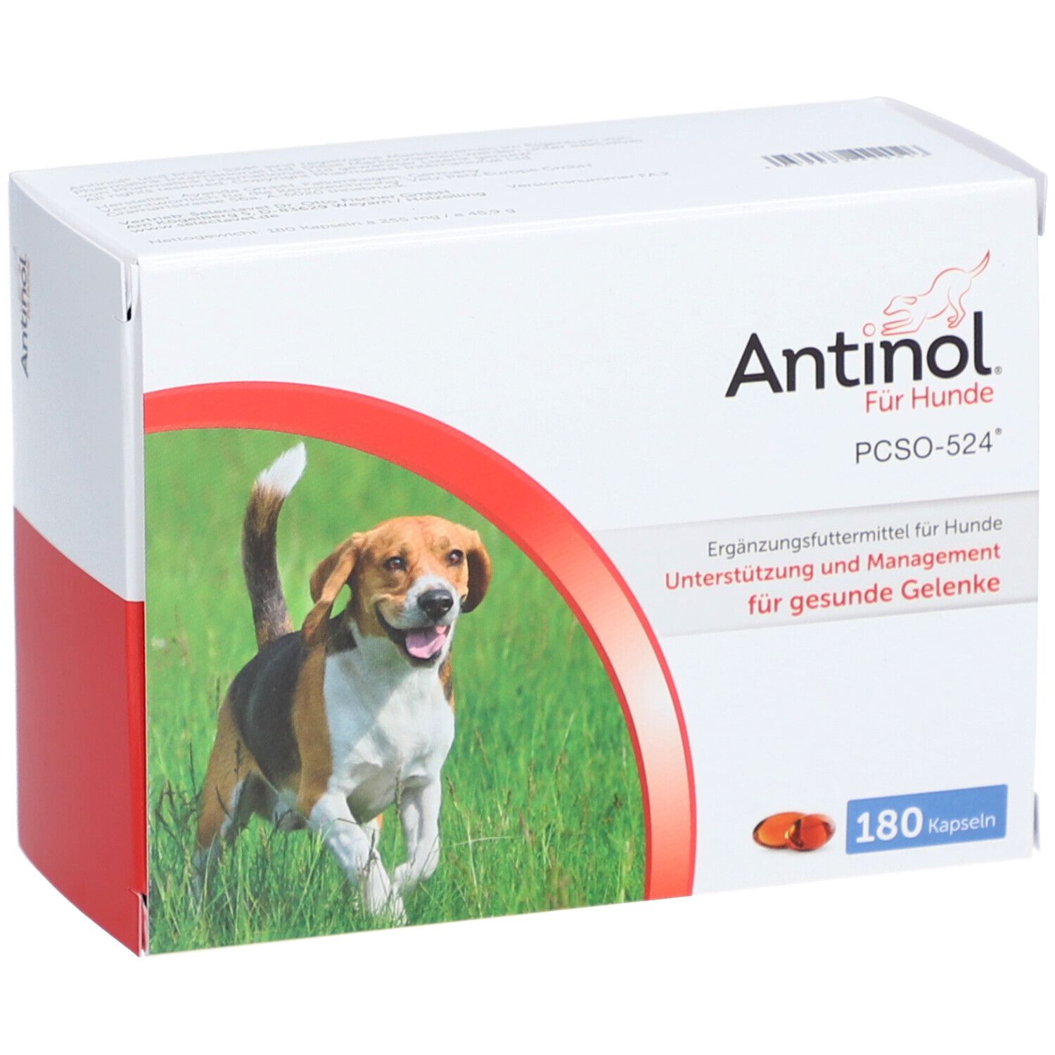 Weiße Box mit "Antinol Für Hunde"-Logo. Abgebildet ist ein Hund, daneben 180 Kapseln. Text: Ergänzungsfuttermittel für Hunde.