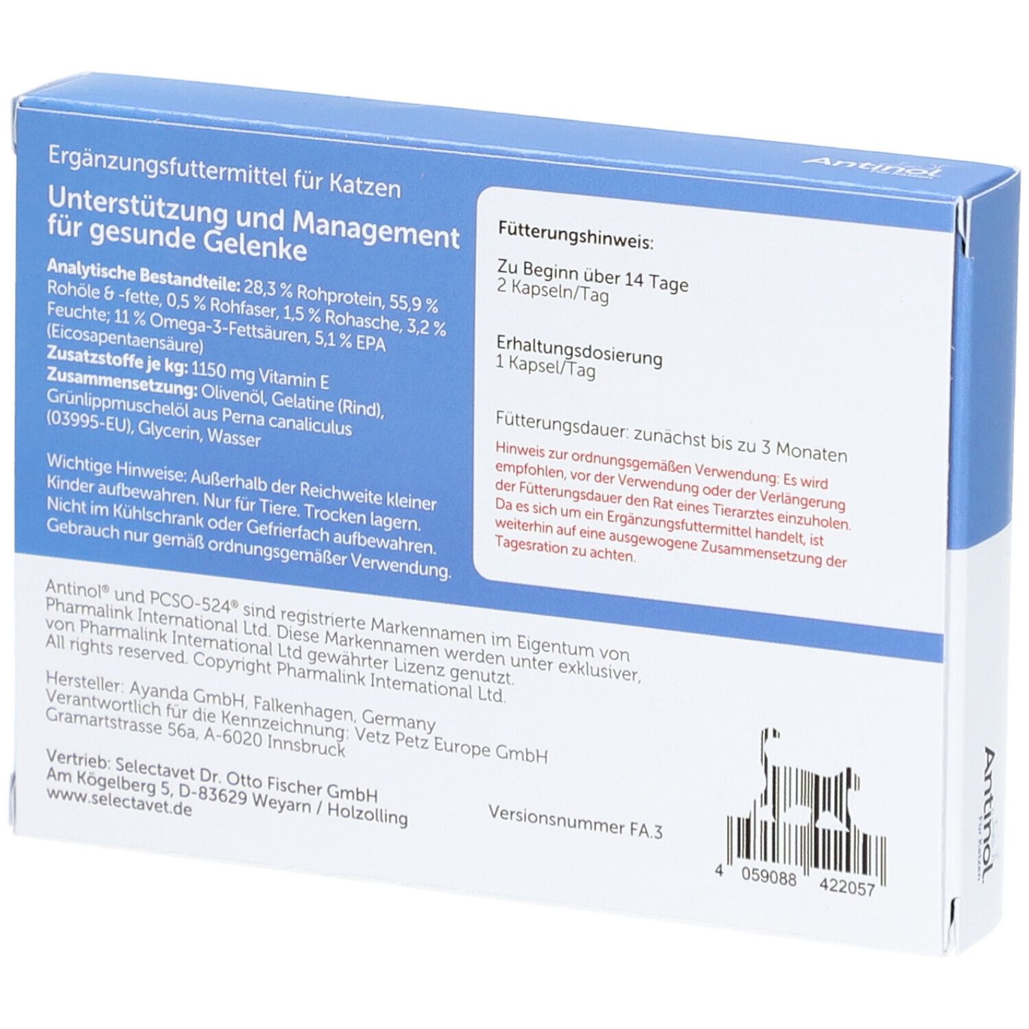 Rückseite der Schachtel Antinol® Für Katzen. Text: Inhaltsstoffe, Dosierung, Warnhinweise, Herstellerinformationen.