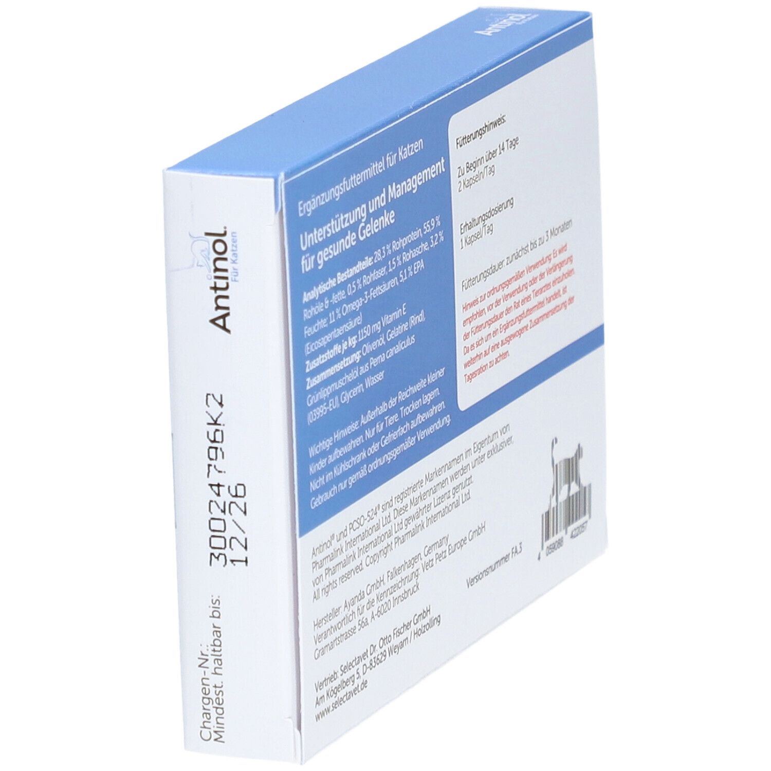 Schachtel Antinol® Für Katzen, schräg. Rückseite mit Text: Inhaltsstoffe, Dosierung, Warnhinweise, Mindesthaltbarkeit.