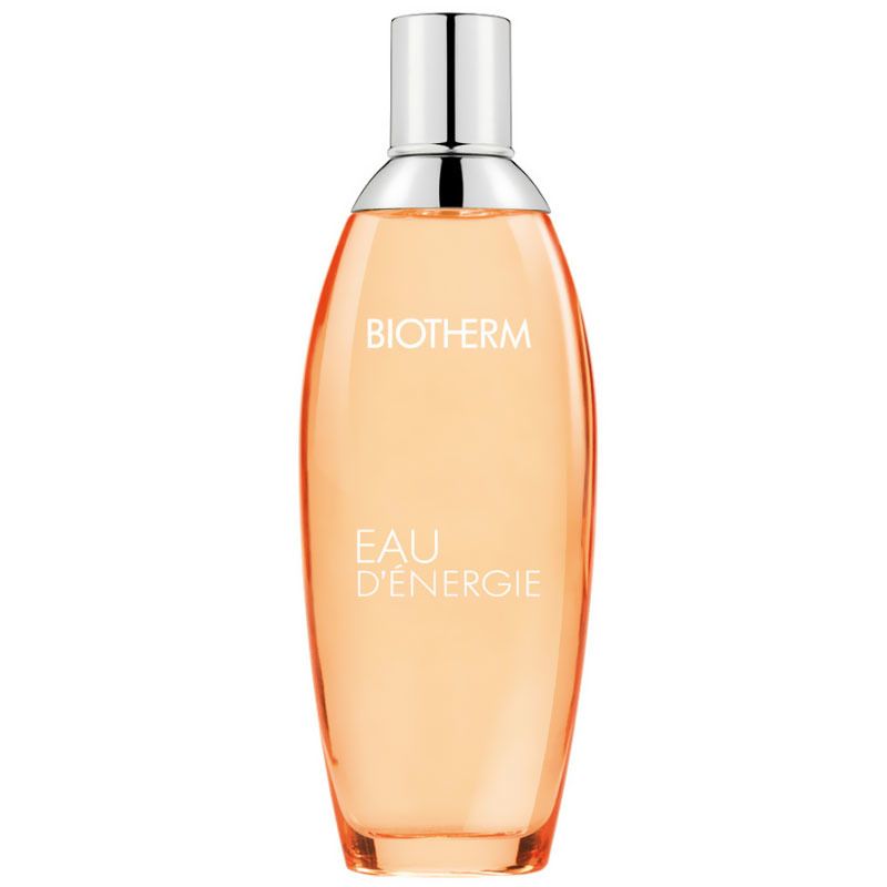 Flacon orange avec bouchon argenté. Inscription: BIOTHERM, EAU D'ENERGIE.