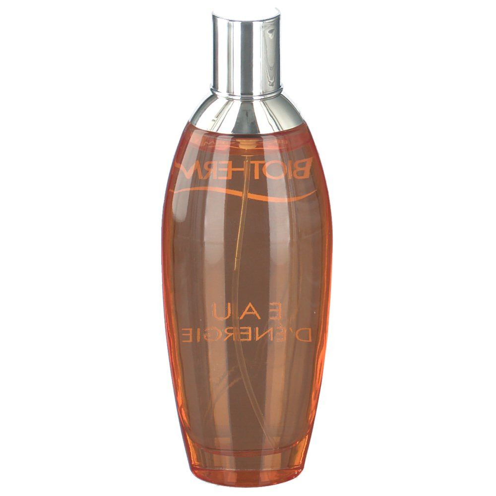 Flacon orange avec bouchon argenté. Inscription: BIOTHERM, EAU D'ENERGIE.