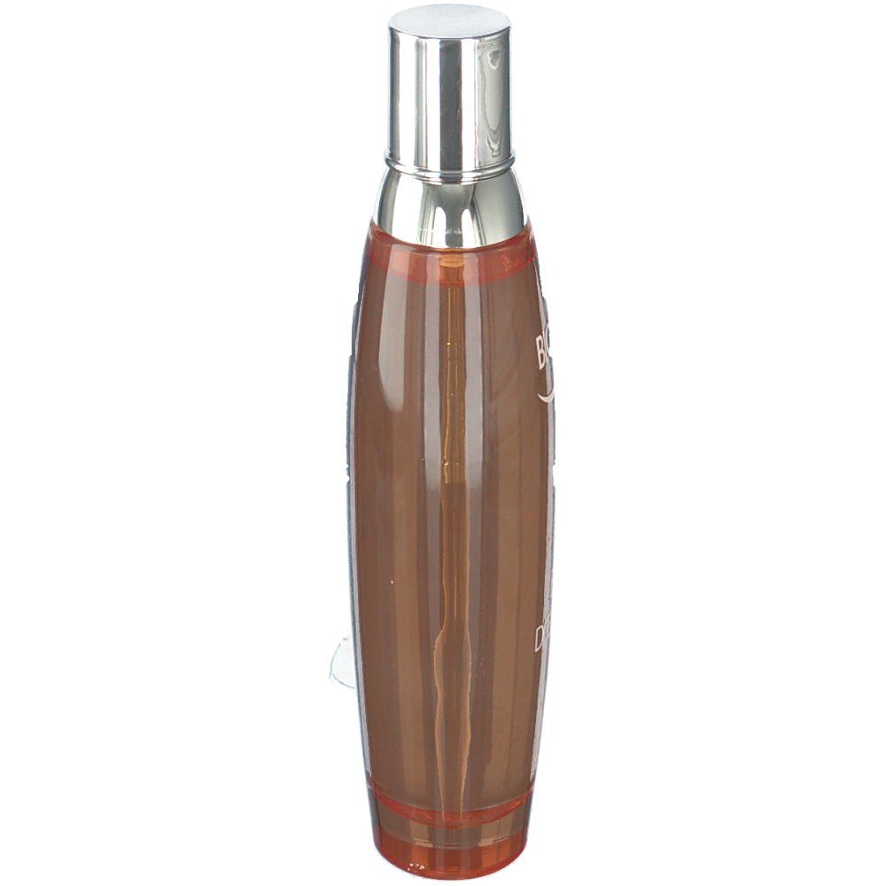 Flacon long et étroit avec bouchon argenté. Inscription: BIOTHERM, EAU D'ENERGIE.