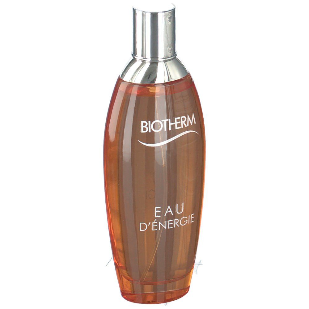 Flacon orange avec bouchon argenté. Inscription: BIOTHERM, EAU D'ENERGIE.