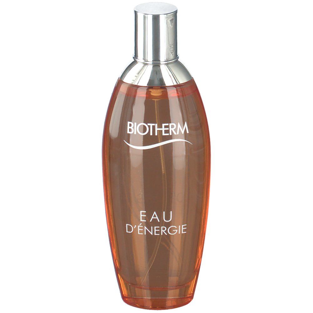 Flacon orange avec bouchon argenté. Inscription: BIOTHERM, EAU D'ENERGIE.