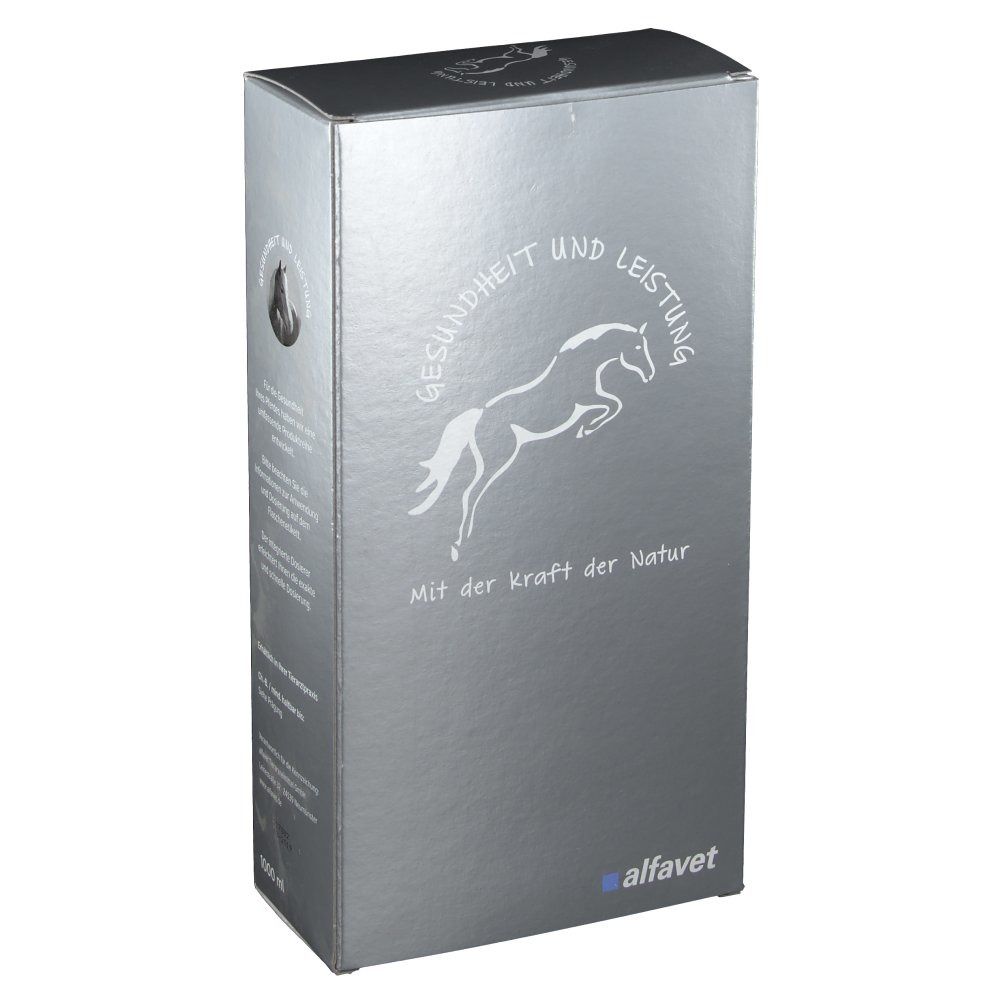 Silberne Verpackung mit Pferd-Logo. Text: Gesundheit und Leistung, Mit der Kraft der Natur, alfafet.  Verpackung für EquiDigest liquid.