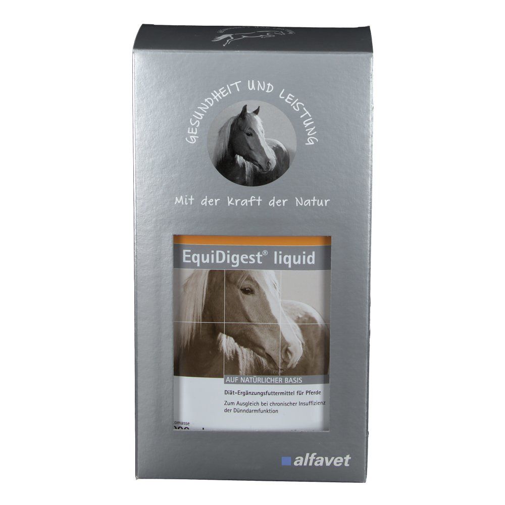 Silberne Verpackung mit Fenster. EquiDigest liquid sichtbar. Text: Gesundheit und Leistung, Mit der Kraft der Natur, alfafet.