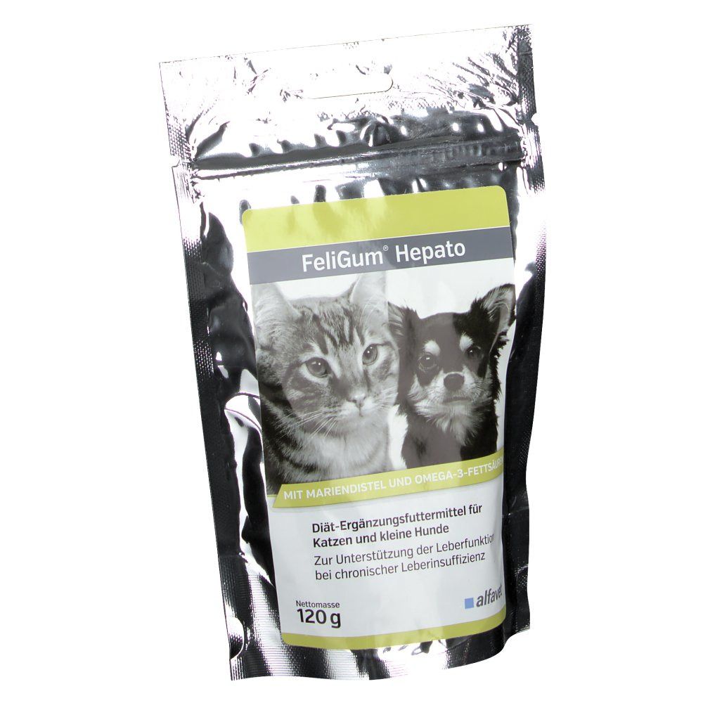 Sachet de FeliGum Hepato. Chat et chien sur le devant. Texte : Aliment complémentaire diététique pour chats et petits chiens.