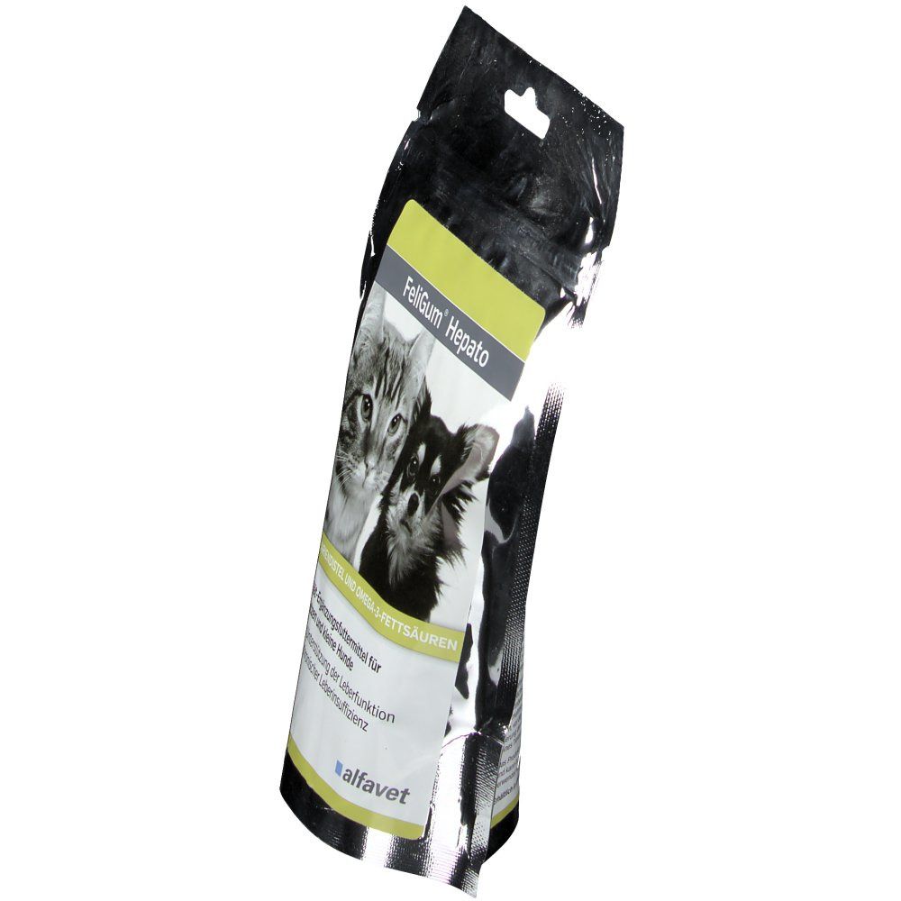 Sachet incliné de FeliGum Hepato. Chat et chien sur le devant. Logo Alfavet en bas à droite.