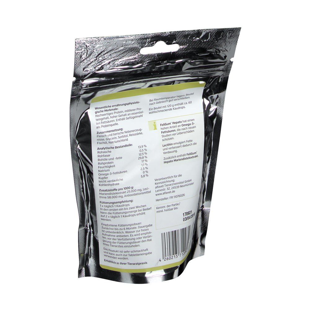 Dos du sachet FeliGum Hepato. Liste des ingrédients et informations nutritionnelles. Logo Alfavet en bas à gauche.