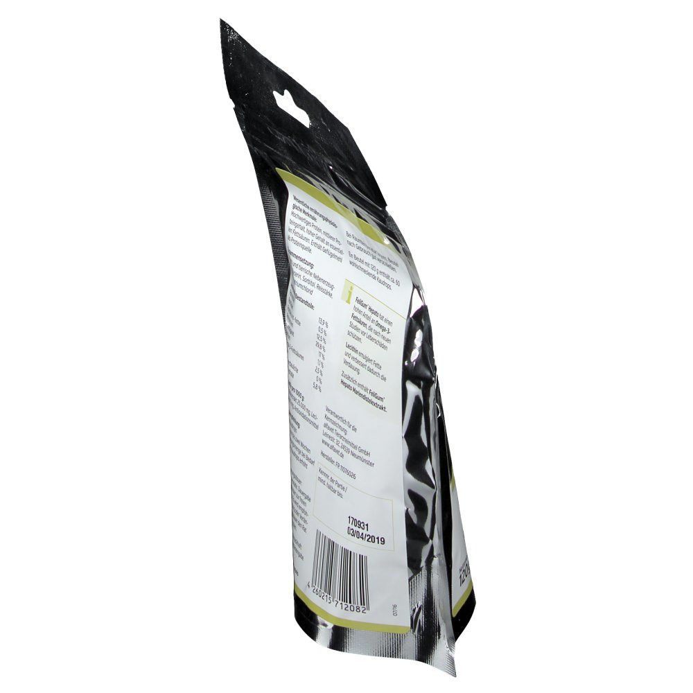 Dos incliné du sachet. Liste des ingrédients et informations nutritionnelles. Logo Alfavet en bas à gauche.