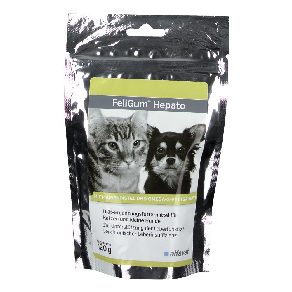 Sachet de FeliGum Hepato. Chat et chien sur le devant. Texte : Aliment complémentaire diététique pour chats et petits chiens. 120g.