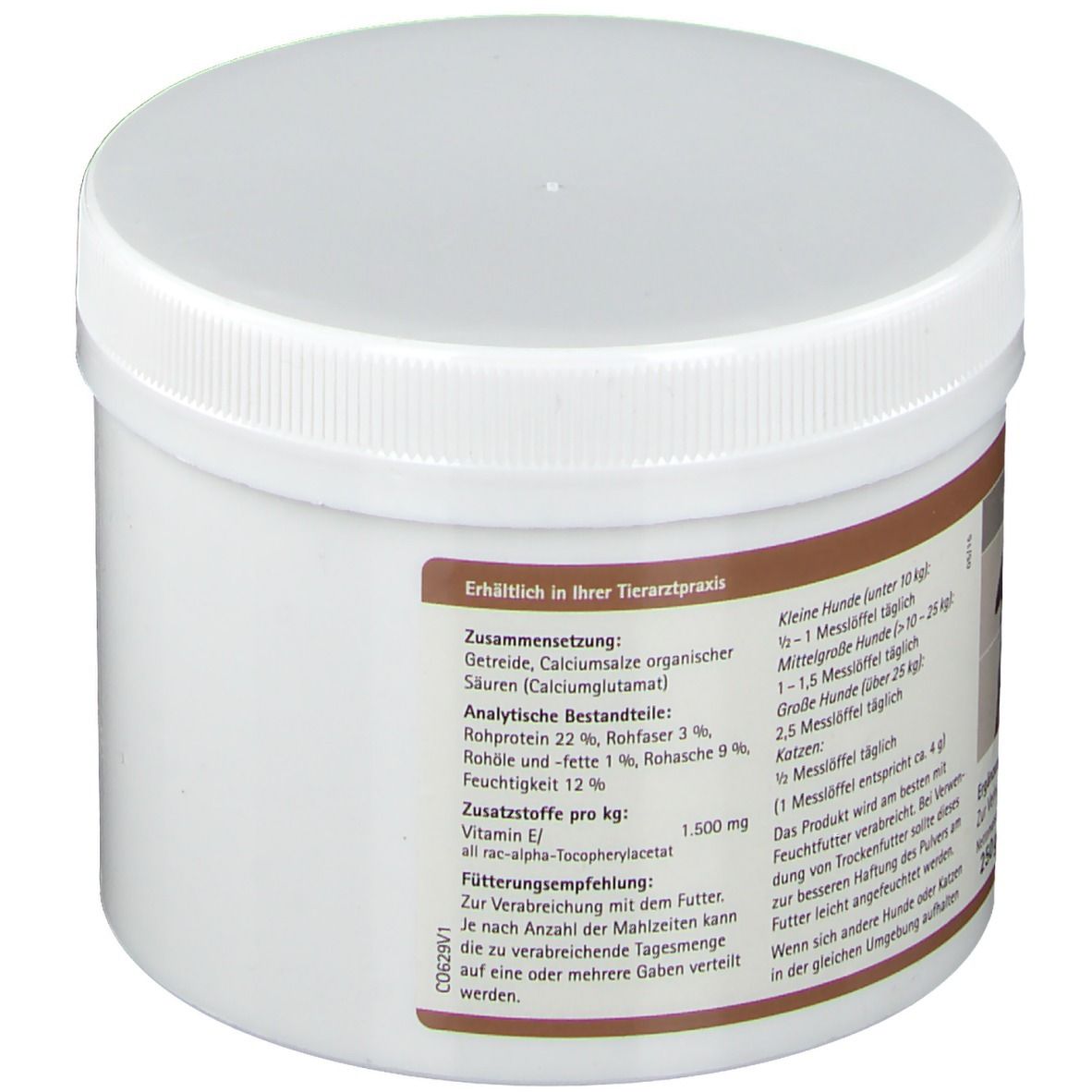 Récipient blanc avec couvercle. Informations sur les ingrédients et recommandations d'alimentation au dos. Disponible chez les vétérinaires.