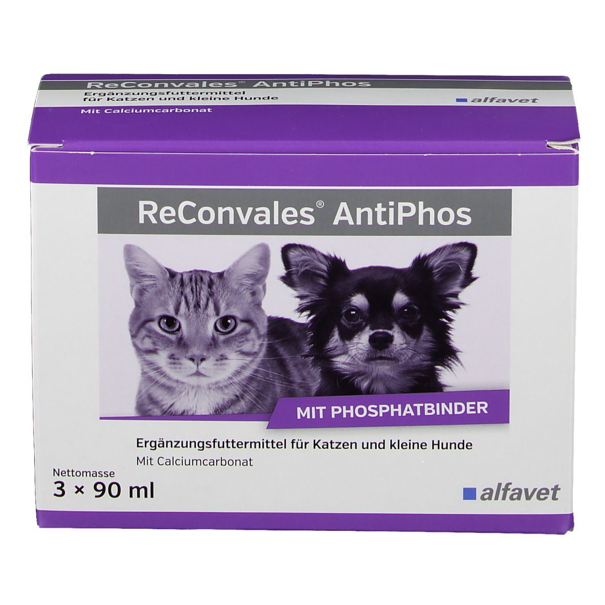 Boîte ReConvales® AntiPhos avec chat et chien. Complément alimentaire pour chats et petits chiens. Avec carbonate de calcium.