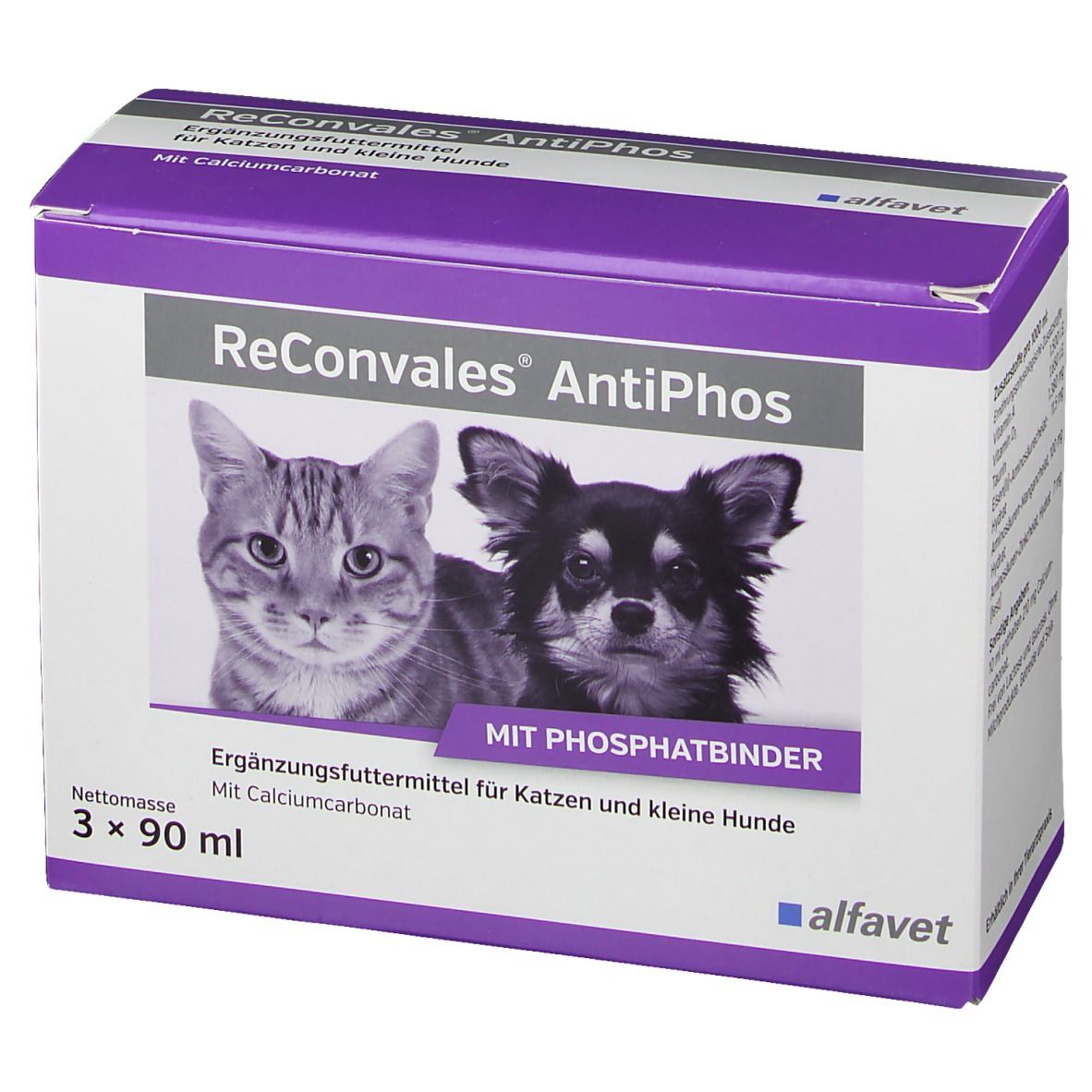 Boîte ReConvales® AntiPhos avec chat et chien. Complément alimentaire pour chats et petits chiens. Avec carbonate de calcium.