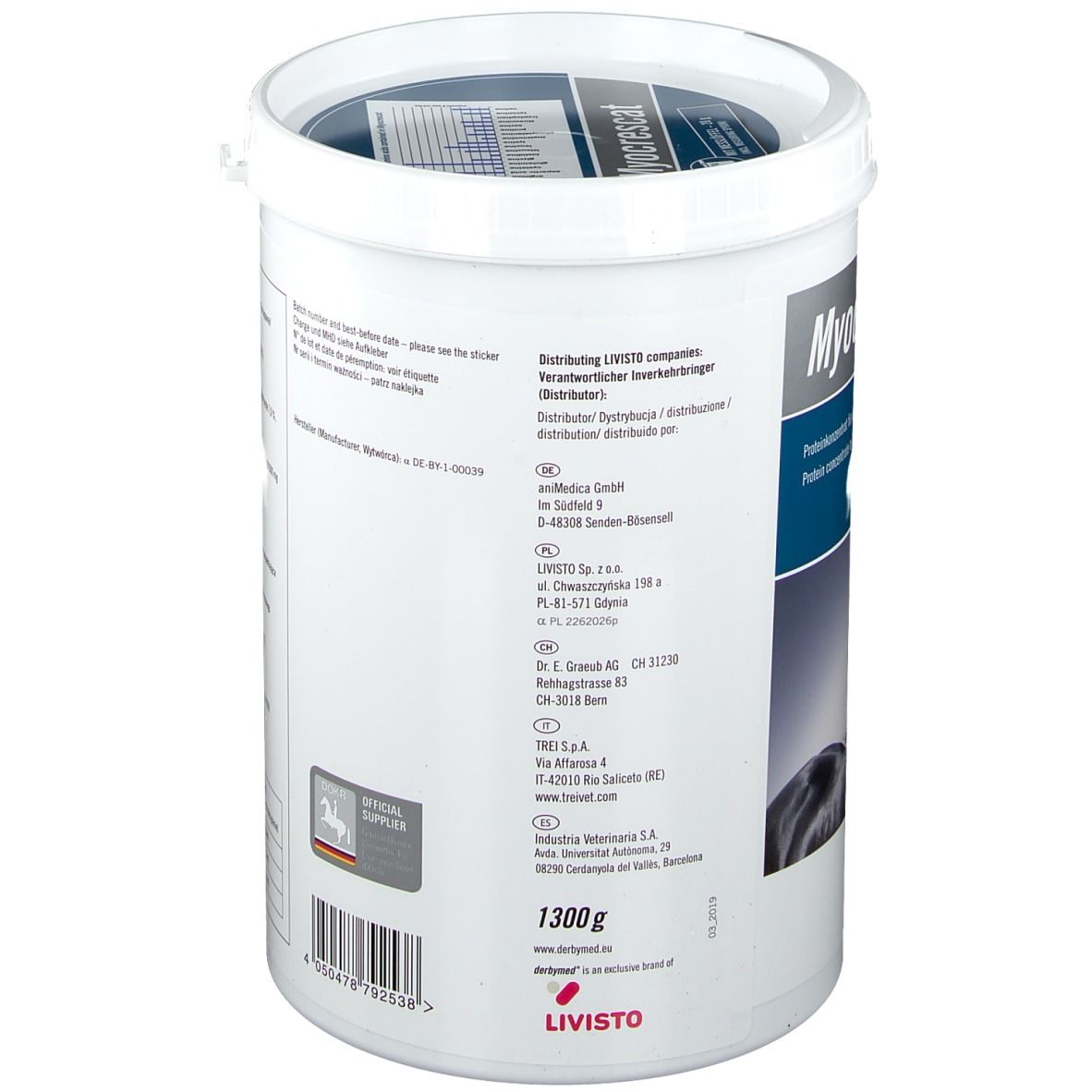 Seau blanc avec informations produit et 1300g. Contient les coordonnées du fabricant et du distributeur.