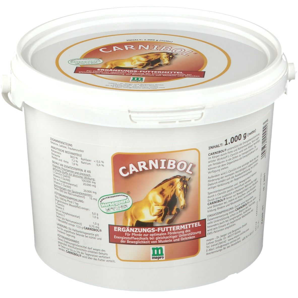 Seau blanc avec couvercle. Impression: CARNIBOL, logo, aliment complémentaire. Texte: 1.000 g. Contient des informations nutritionnelles et du fabricant.