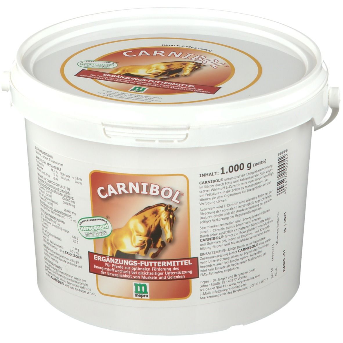 Seau blanc avec couvercle et poignée. Impression: CARNIBOL, logo, aliment complémentaire. Texte: 1.000 g. Contient des informations nutritionnelles et du fabricant.