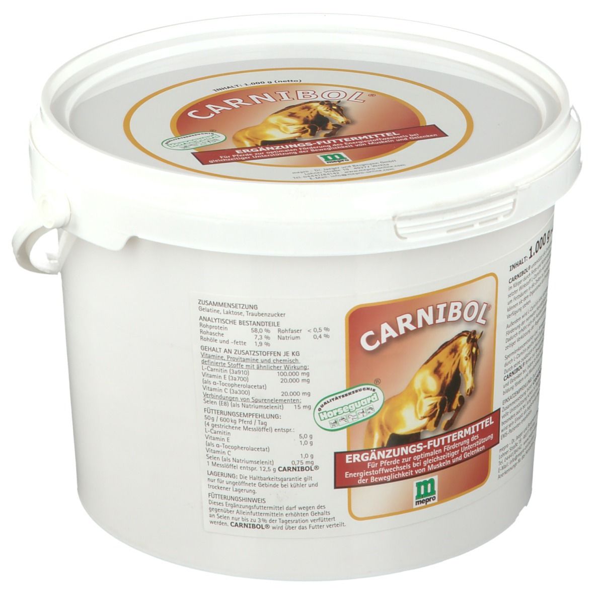 Seau blanc avec couvercle et poignée. Impression: CARNIBOL, logo, aliment complémentaire. Contient des informations nutritionnelles et du fabricant.