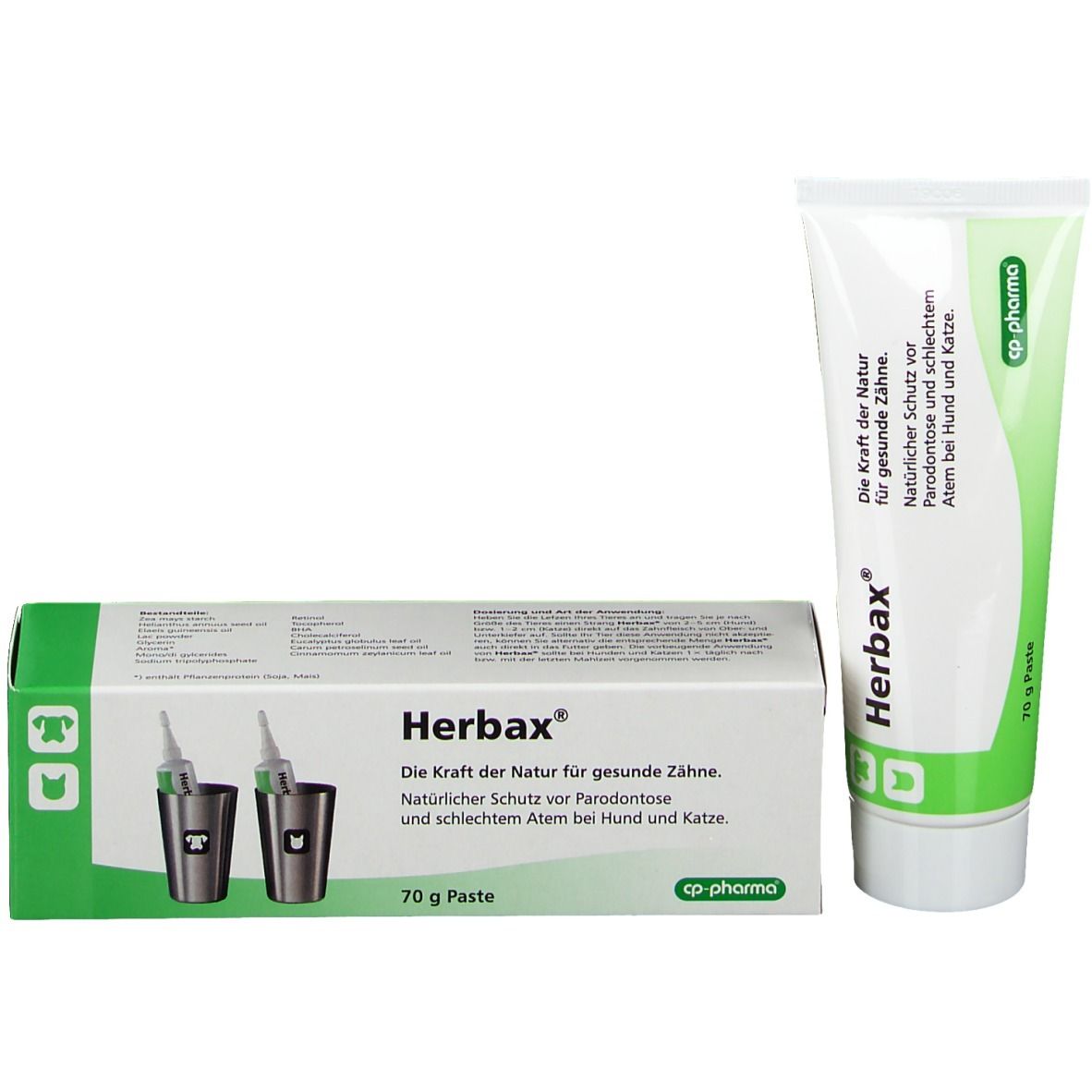 Zahncreme-Tube und Schachtel. Aufschrift: Herbax, cp pharma. Grün-weiße Verpackung. 70 g Paste.