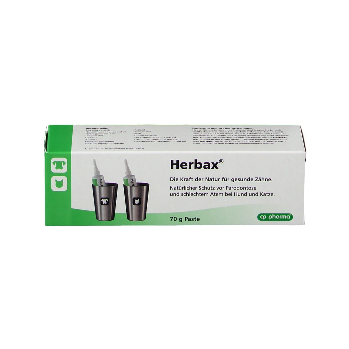 Schachtel mit Zahncreme. Aufschrift: Herbax, cp pharma. Grün-weiße Verpackung. 70 g Paste.