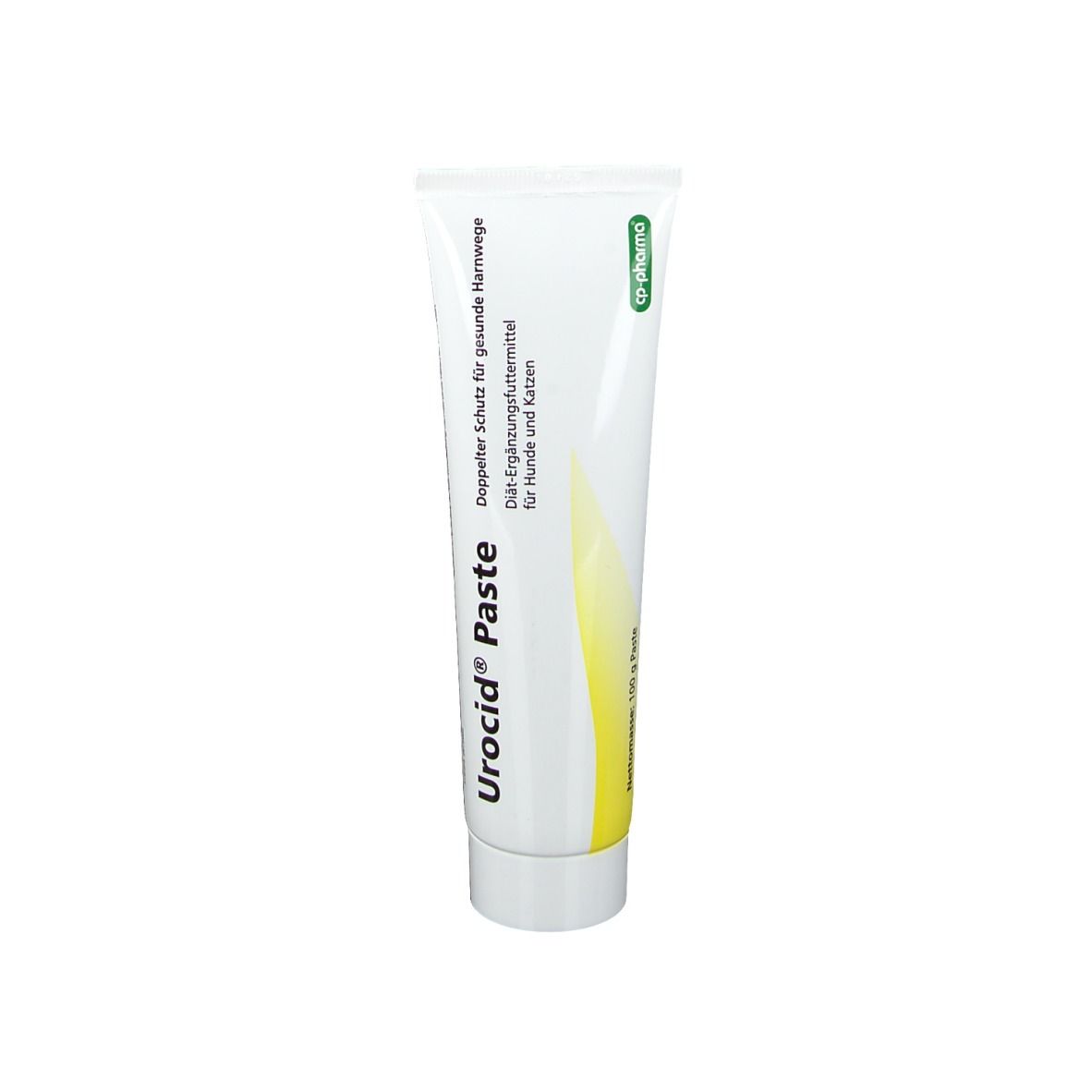 Tube de Urocid® Paste. Tube blanc avec des accents verts et jaunes. Texte: Double protection pour des voies urinaires saines.