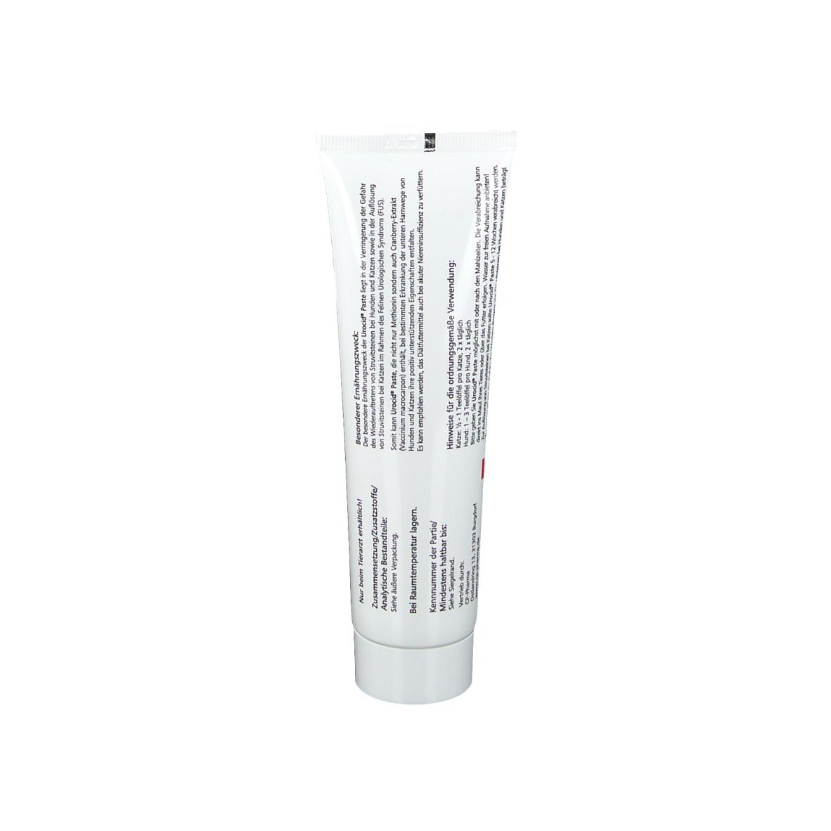Dos du tube de Urocid® Paste. Fond blanc avec texte. Informations sur l'utilisation et les ingrédients.