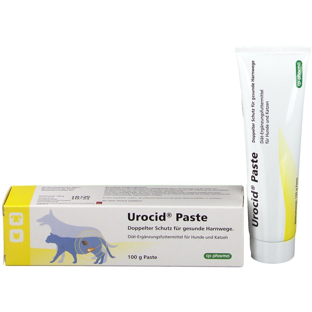 Tube et boîte de Urocid® Paste. Tube et boîte avec texte et logo. Boîte avec illustration de chien et chat.