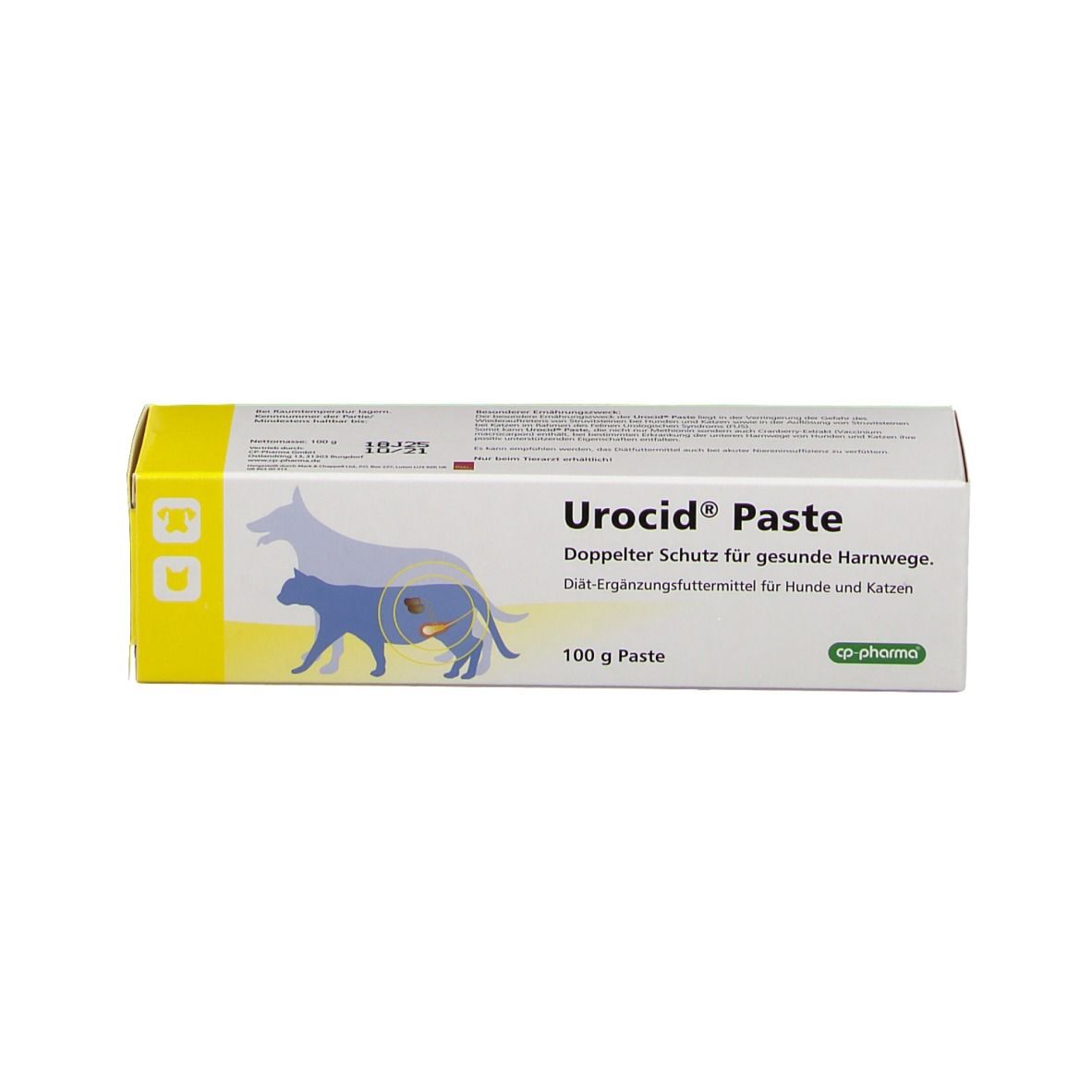 Boîte de Urocid® Paste. Boîte jaune avec texte et logo. Illustration de chien et chat. Texte: 100 g de pâte.