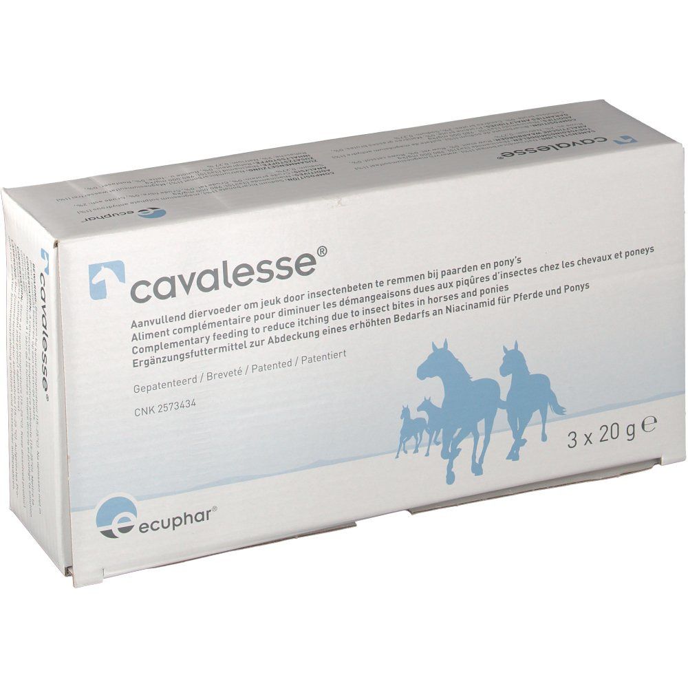 Boîte avec nom du produit et silhouette de chevaux. Texte multilingue. 3 x 20g.