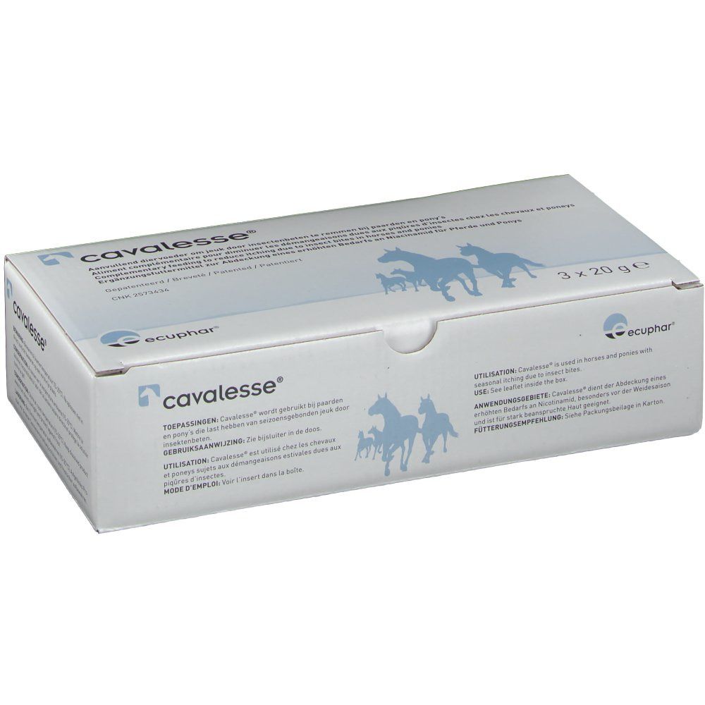 Boîte avec nom du produit et silhouette de chevaux. Texte multilingue. 3 x 20g.