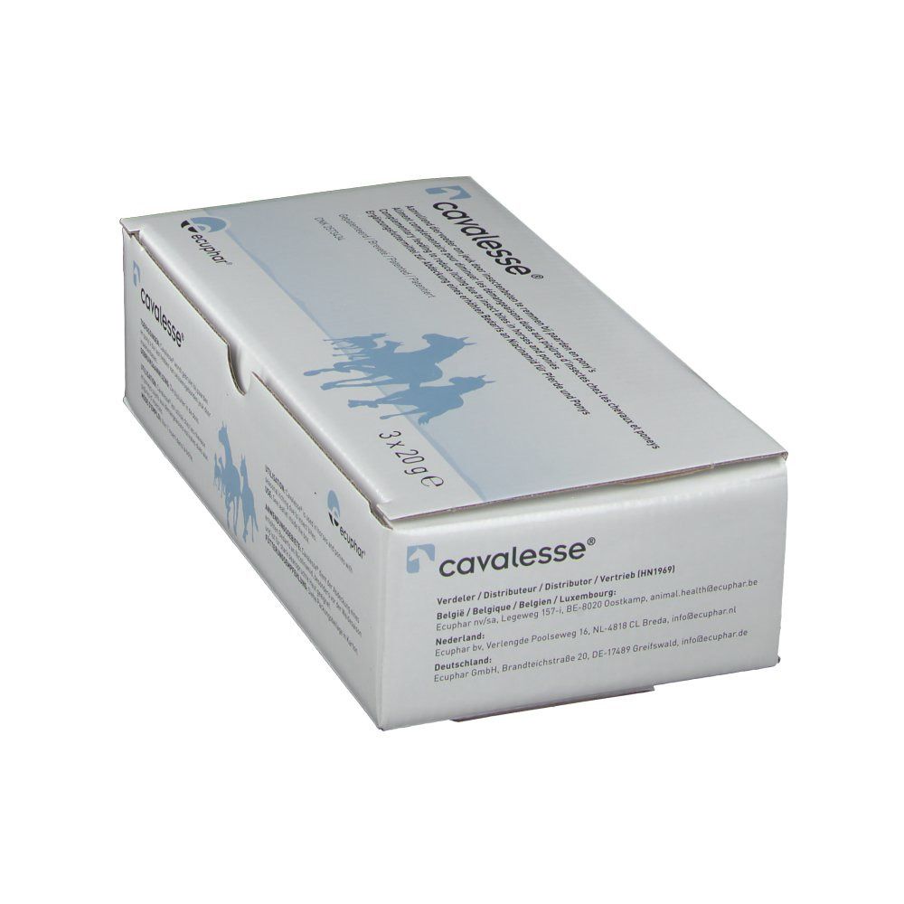 Boîte en biais avec nom du produit et silhouette de chevaux. 3 x 20g.