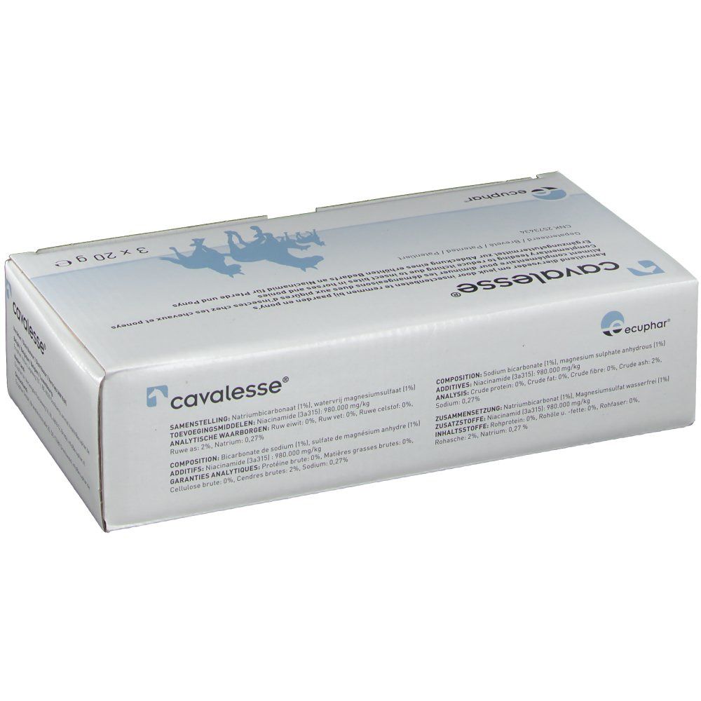 Boîte avec nom du produit et silhouette de chevaux. Texte multilingue. 3 x 20g.