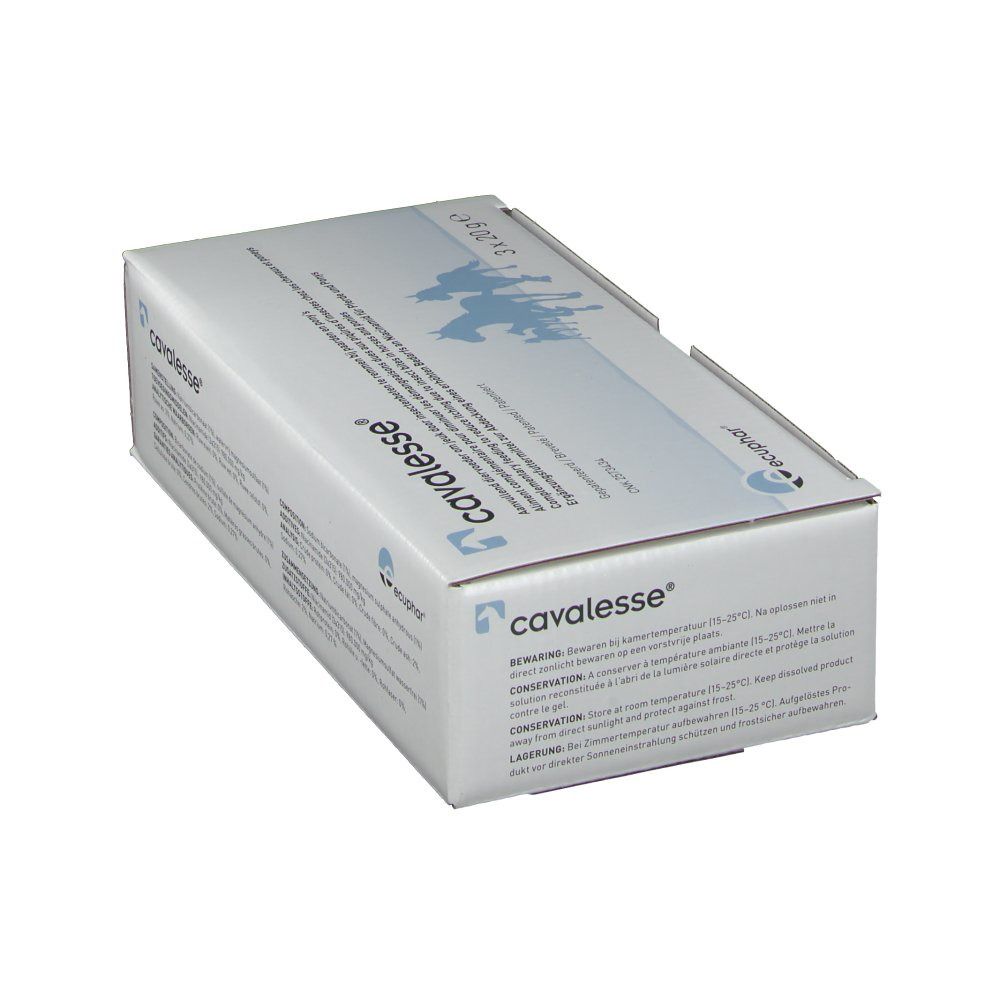 Boîte en biais avec nom du produit et silhouette de chevaux. 3 x 20g.