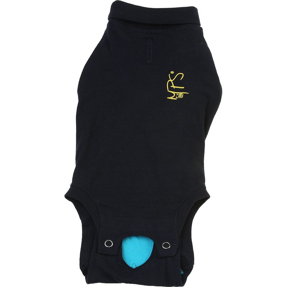 Schwarzes Hundeshirt mit gelbem Logo. Kragen und Druckknöpfe. Unterseite mit blauem Stoff.