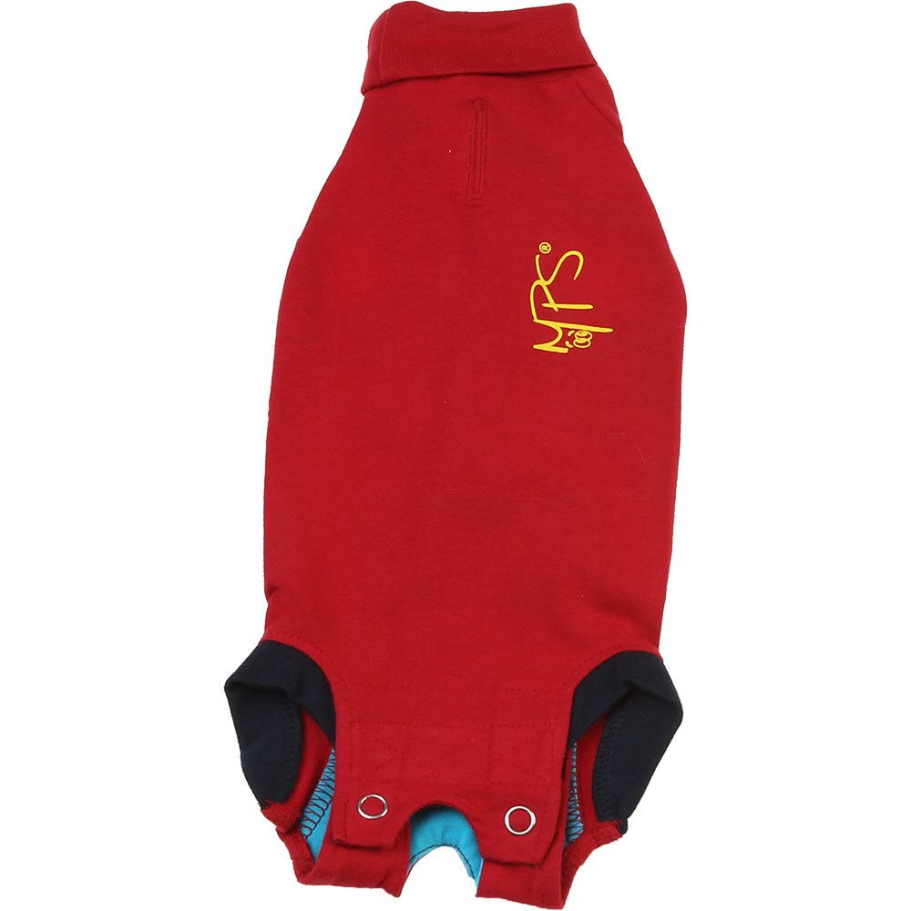 T-shirt rouge pour chat. Détails noirs et bleus. Logo jaune. Boutons.