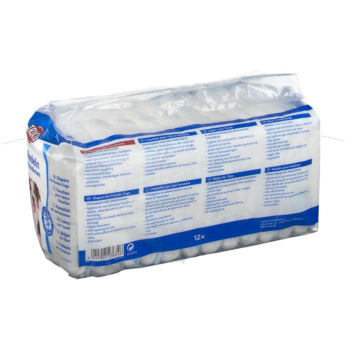 Dos du paquet de couches pour chiennes. Texte multilingue. 12 pièces.