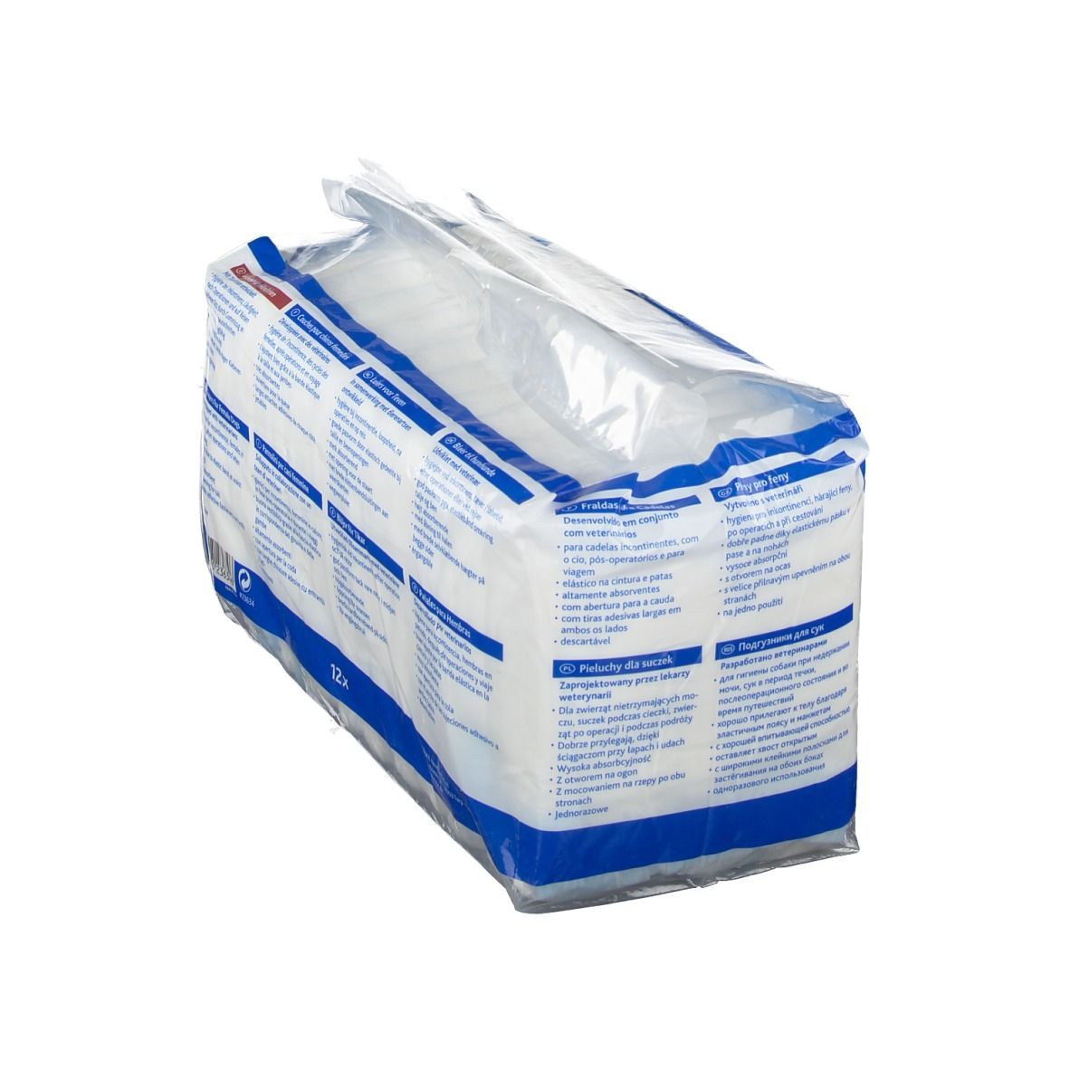 Dos du paquet de couches pour chiennes. Texte multilingue. 12 pièces.