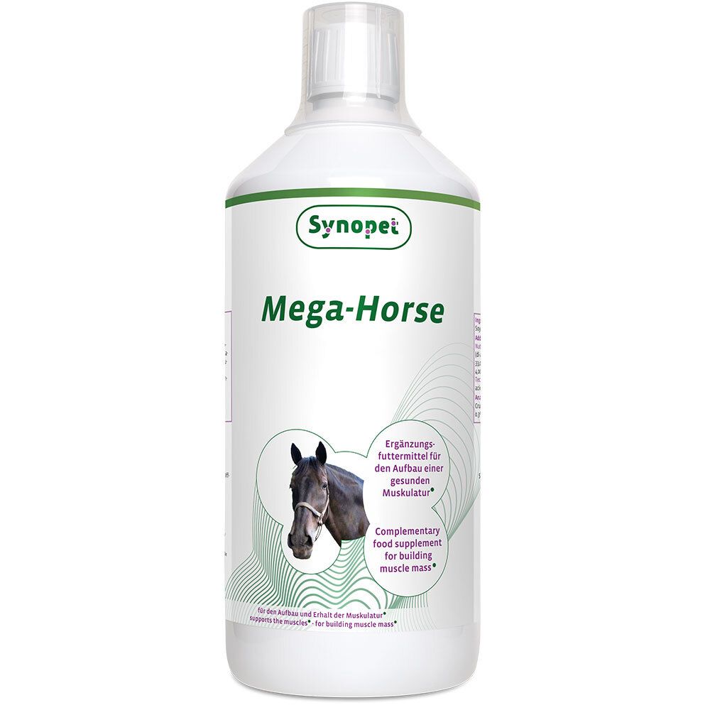Bouteille blanche avec étiquette verte. Inscription: Synopet Mega-Horse. Illustration d'une tête de cheval. Complément alimentaire pour le développement musculaire.
