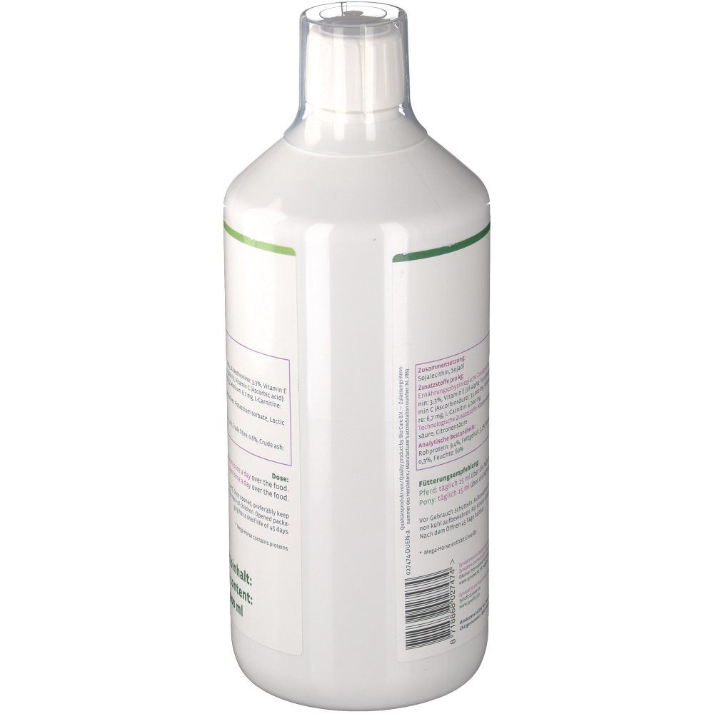 Bouteille blanche, dos avec étiquette. Étiquette avec ingrédients et informations nutritionnelles. Code-barres en bas. Inscription: Contenu net 1000 ml.