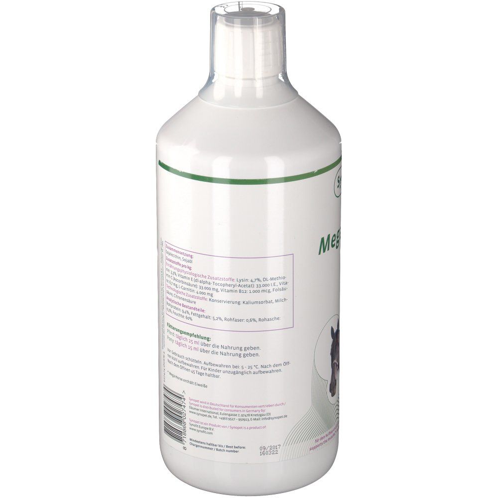 Bouteille blanche, étiquette partiellement visible. Étiquette avec ingrédients et informations nutritionnelles. Illustration d'une tête de cheval. Code-barres.