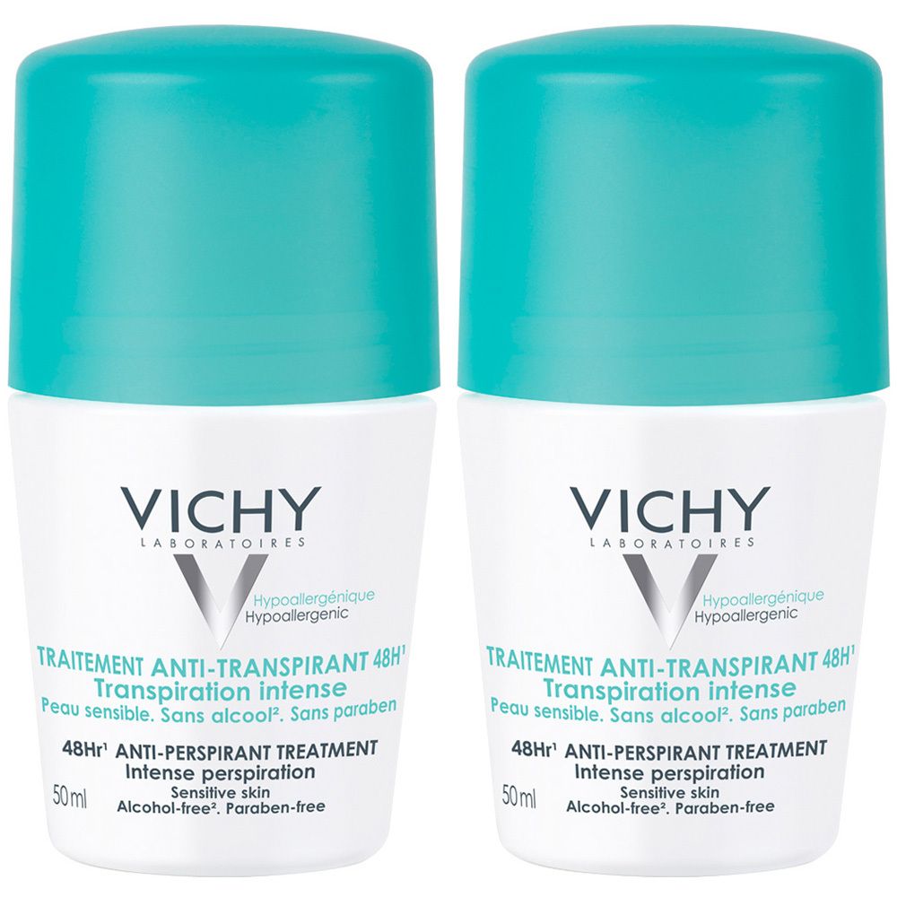 Zwei Roll-on-Deodorants mit türkisfarbenen Kappen. Aufschrift: VICHY, Anti-Transpirant 48H, für empfindliche Haut, ohne Alkohol und Parabene.