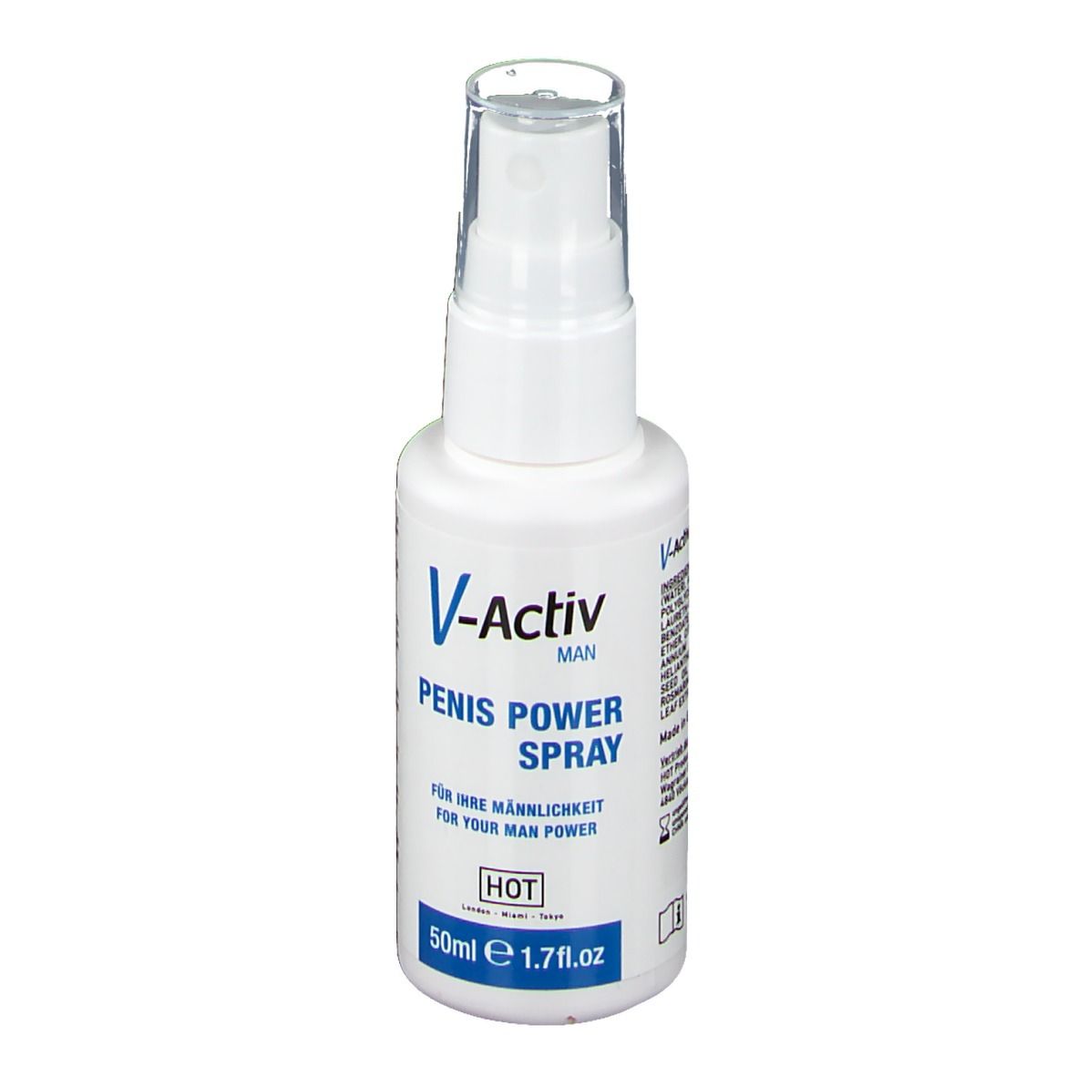 Flacon spray blanc avec bouchon transparent. Inscription : V-Activ MAN, Penis Power Spray. 50ml e 1.7 fl.oz.