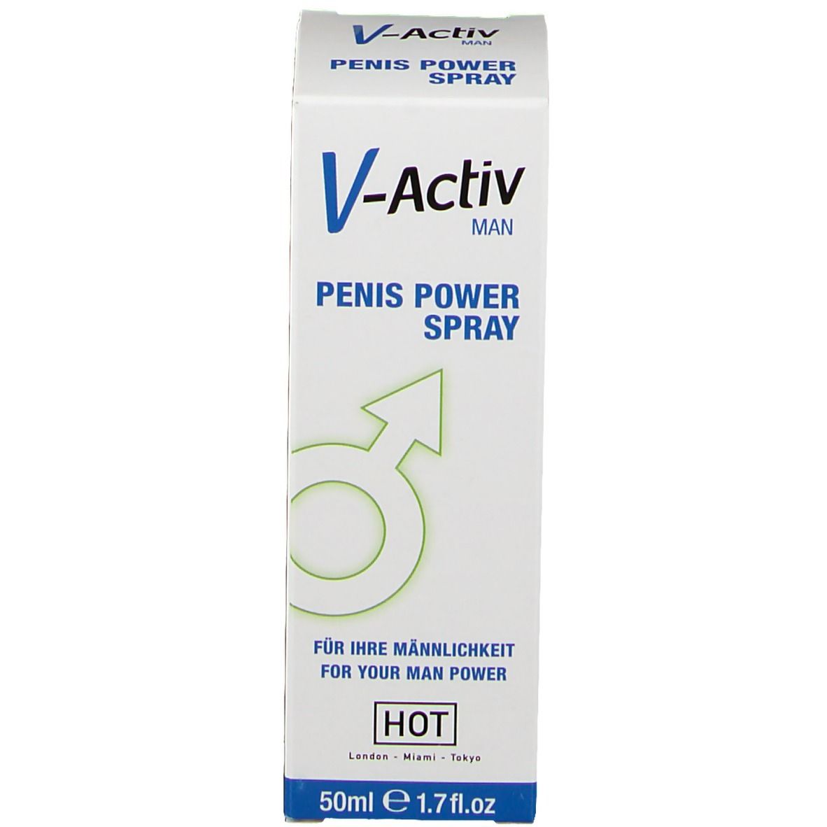 Emballage du produit. Inscription : V-Activ MAN, Penis Power Spray. 50ml e 1.7 fl.oz.