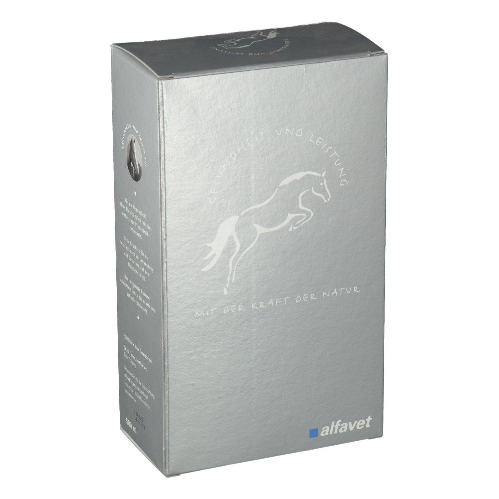 Silberne Verpackung mit Pferde-Logo und Text. "MIT DER KRAFT DER NATUR" und "alfavet" Logo. 250 ml Volumenangabe.