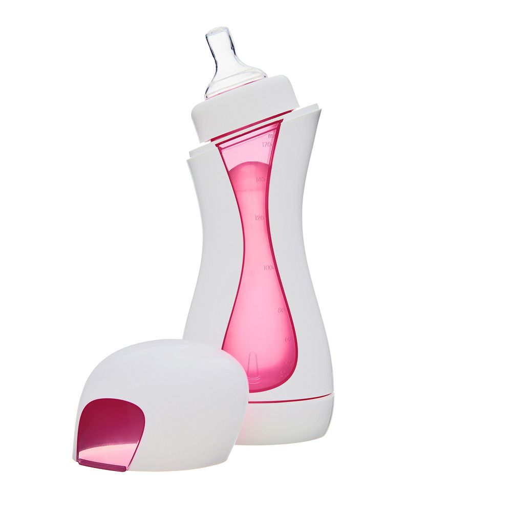 Biberon avec tétine. Blanc et rose. Tétine en haut, bouteille partiellement ouverte. Récipient intérieur rose visible.