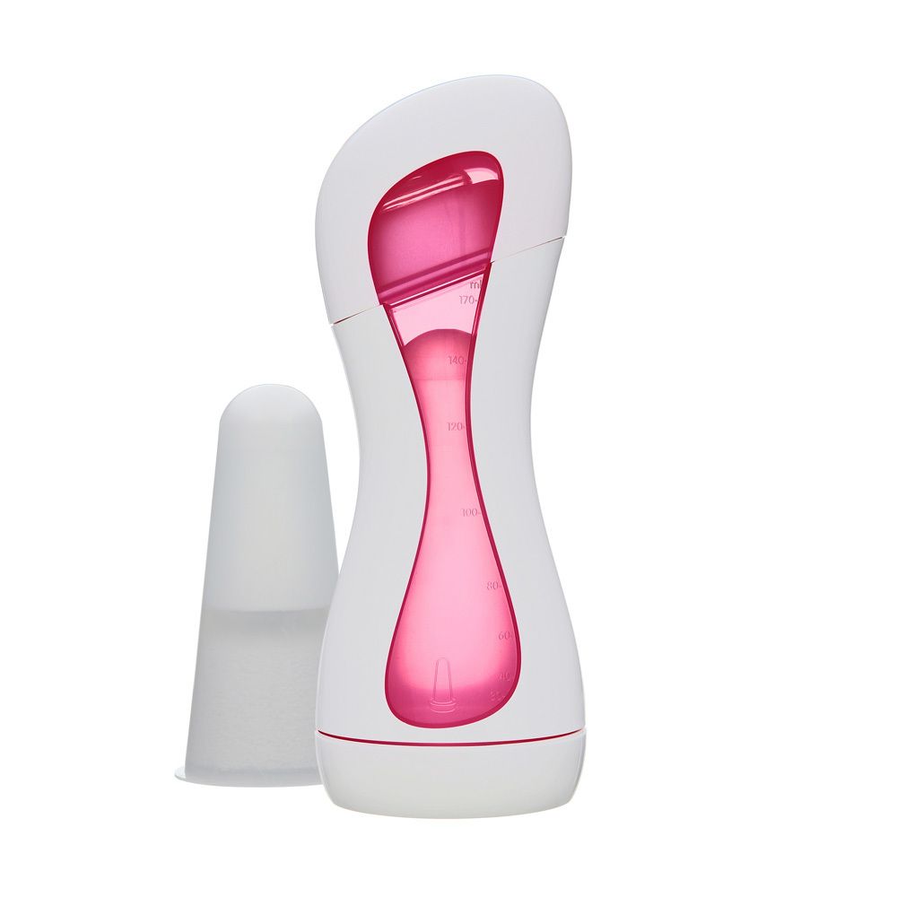 Biberon avec tétine. Blanc et rose. Tétine séparée à côté. Récipient intérieur rose visible.